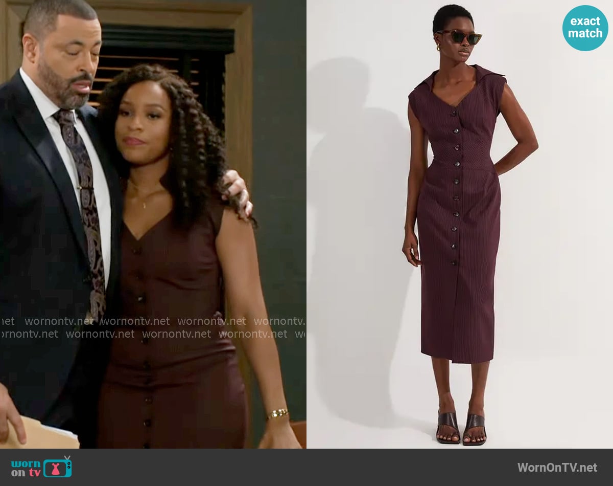 Karen Millen Pinstripe Corseted Tailored Pencil Midi Dress in Merlot worn by Naomi Hamilton Hawthorne (Arielle Prepetit) on Beyond the Gates