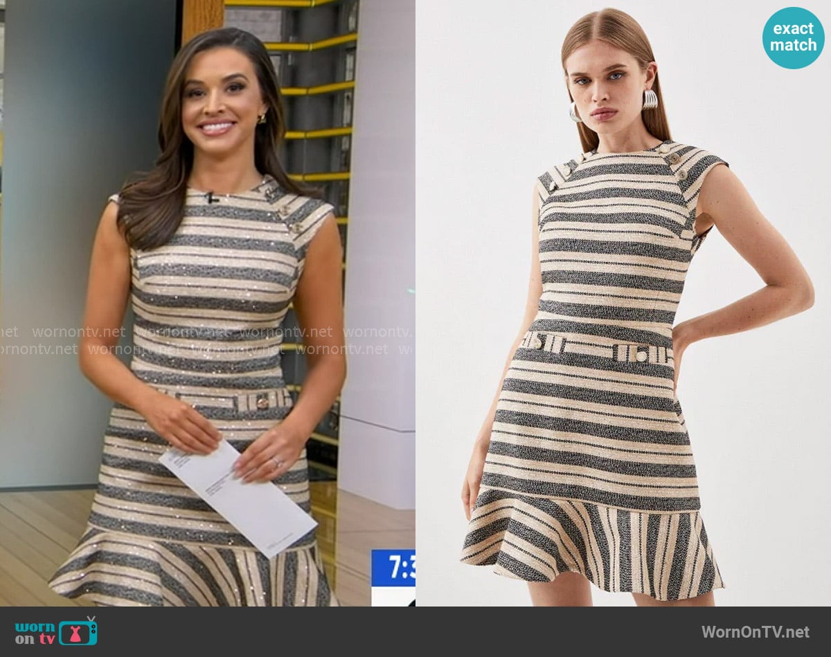 Karen Millen Tailored Striped Tweed Button Detail Cap Sleeve Mini Dress worn by Hanna Battah on Good Morning America