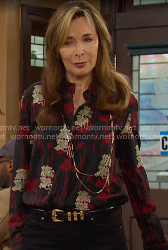 Kate’s black floral button down blouse on Days of our Lives