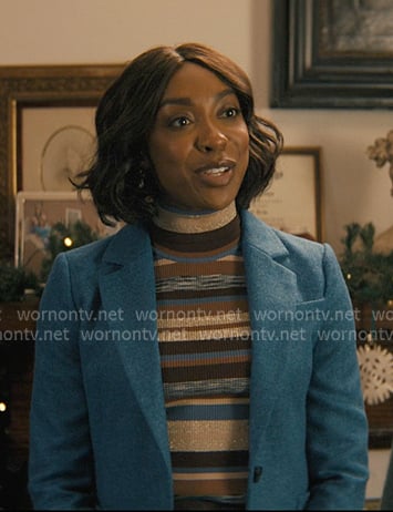 Kate’s striped turtleneck sweater and blue blazer on Not Suitable For Work