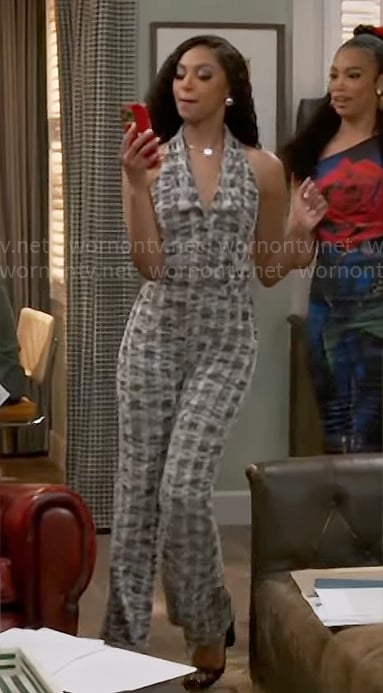Kat’s tweed v-neck jumpsuit on Beyond the Gates