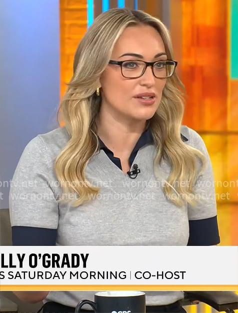 Kelly O’Grady’s grey short sleeve v-neck sweater on CBS Mornings
