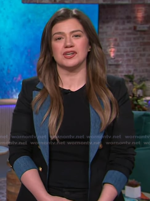 Kelly’s black denim trim blazer on The Kelly Clarkson Show
