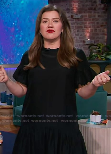 Kelly’s black ruffle hem mini dress on The Kelly Clarkson Show
