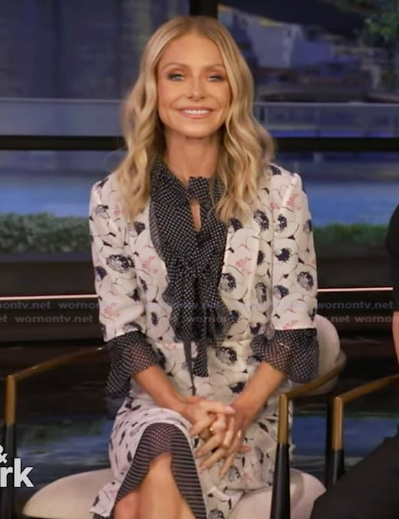 Kelly’s printed contrast ruffle dress on Live with Kelly and Mark