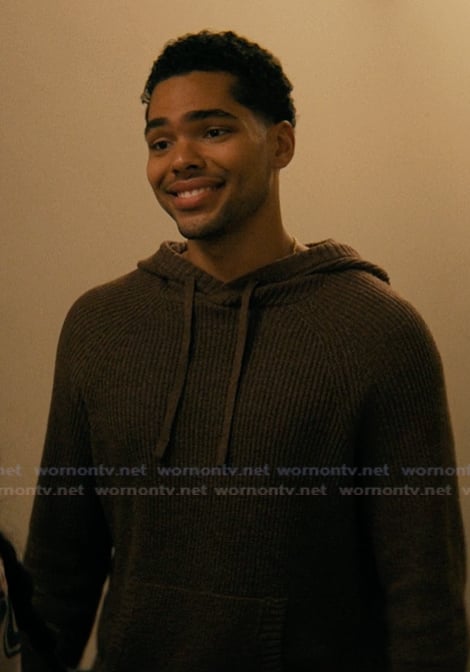 Kel’s brown knit hoodie on Not Suitable For Work
