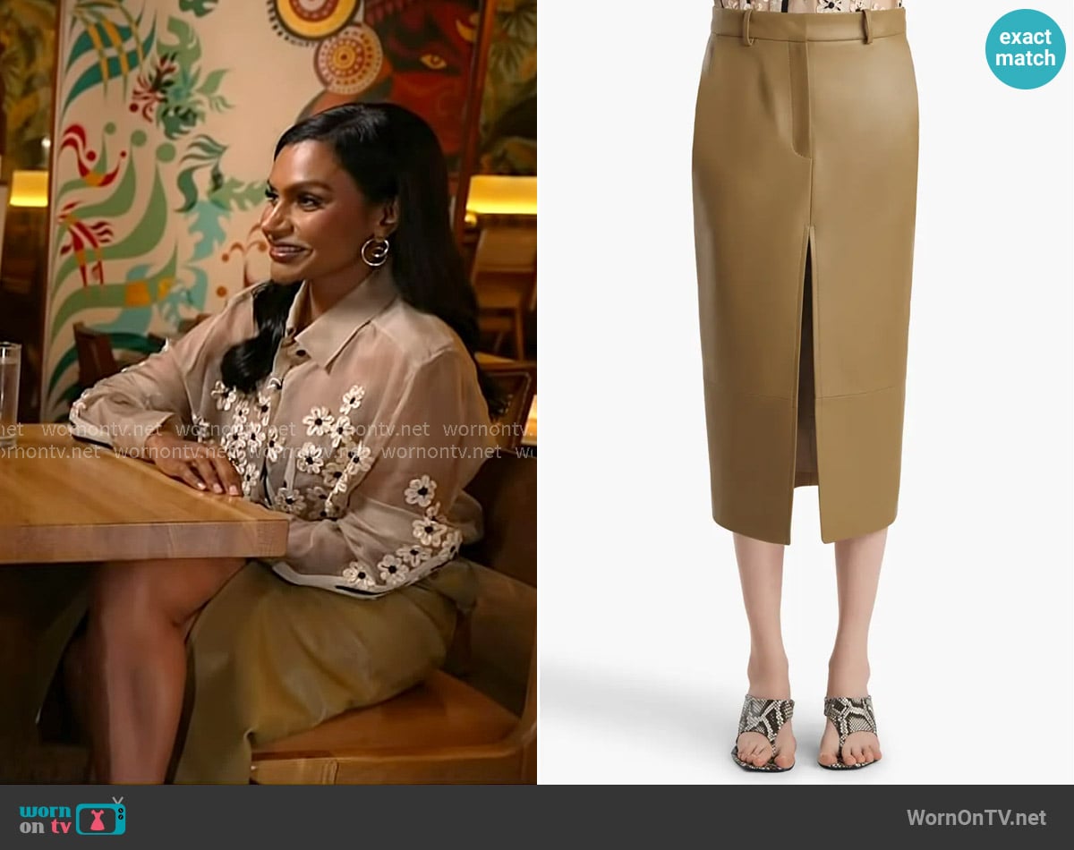 Khaite Anden Leather Skirt in Golden Ochre worn by Mindy Kaling on Today