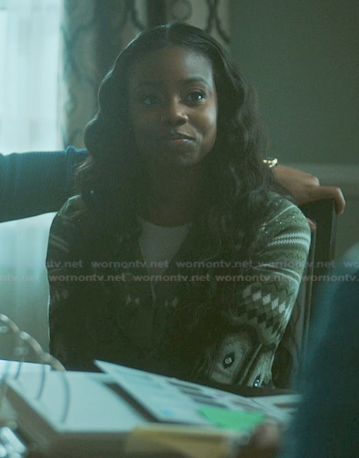 Kiesha’s green fairisle cardigan on The Chi