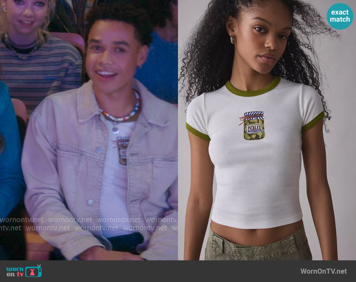 Kimchi Blue Too Perfect Pickles Graphic Ringer Baby Tee worn by Dexter (Miles Gutierrez-Riley) on Off Campus