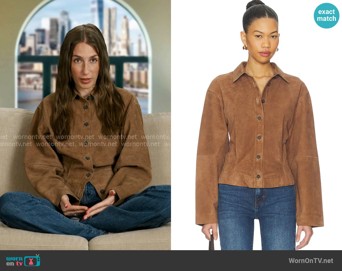 L'Academie Dara Suede Button-down Shirt in Toffee worn by Amanda Batula on In The City