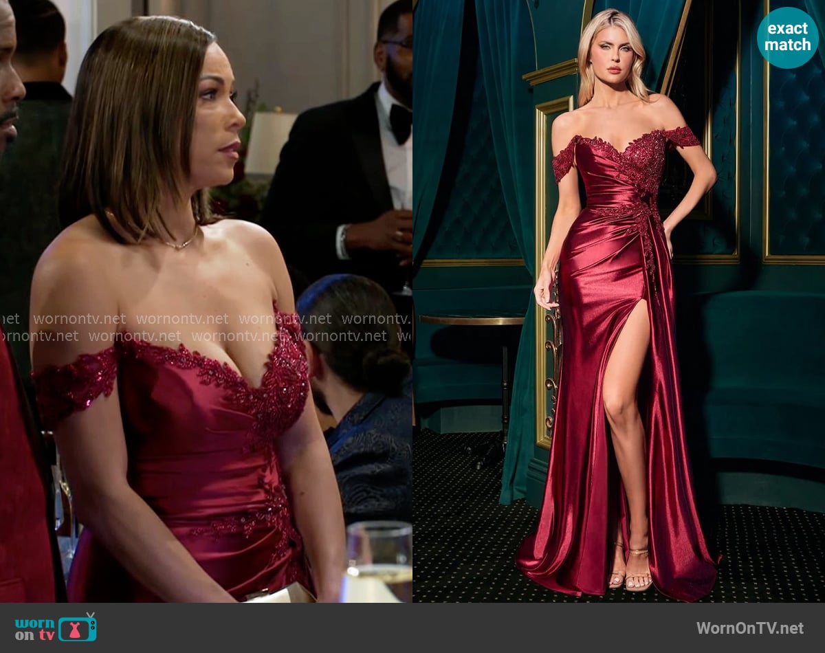 Nicole’s red off-shoulder evening gown on Beyond the Gates Nicole’s red off-shoulder evening gown on Beyond the Gates