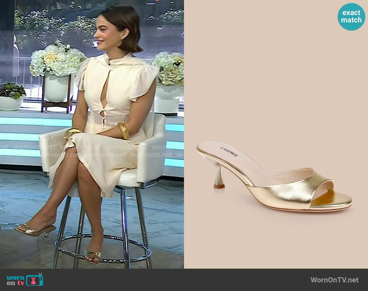 L'Agence Arleen Kitten-Heel Mule in Gold Leather worn by Camila Mendes on Today