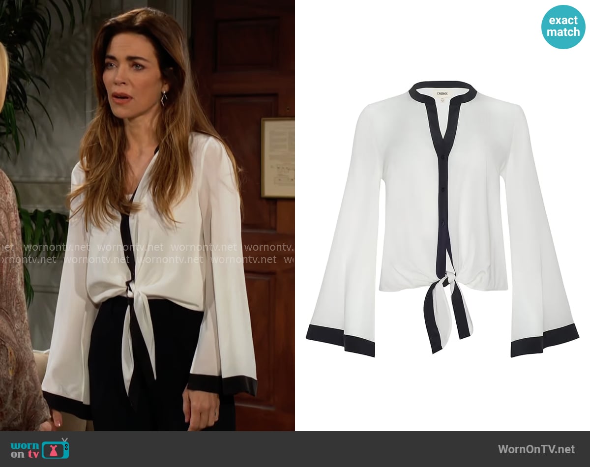 L'Agence Charlize Blouse in Ivory/Black worn by Victoria Newman (Amelia Heinle) on The Young and the Restless