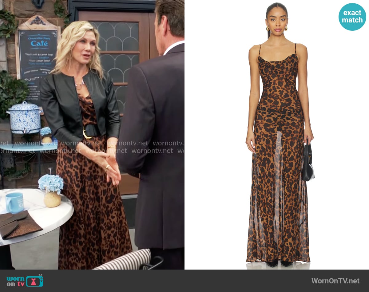L'Agence Christine Dress in Brown Multi Amur Leopard worn by Patty Williams (Stacy Haiduk) on The Young and the Restless
