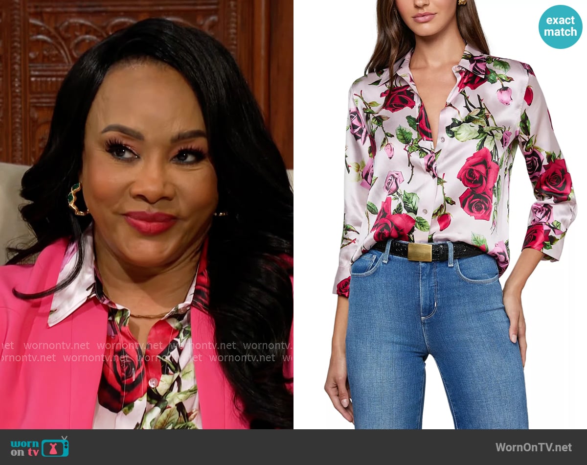 L'Agence Dani Blouse in Pink Multi Romantic Rose worn by Stephanie Simmons (Vivica Fox) on The Young and the Restless