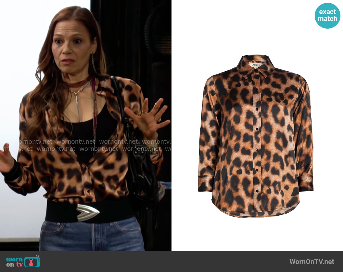 L'Agence Dani Blouse in Tan Black Large Leopard worn by Sienna Bacall (Tamara Braun) on The Young and the Restless