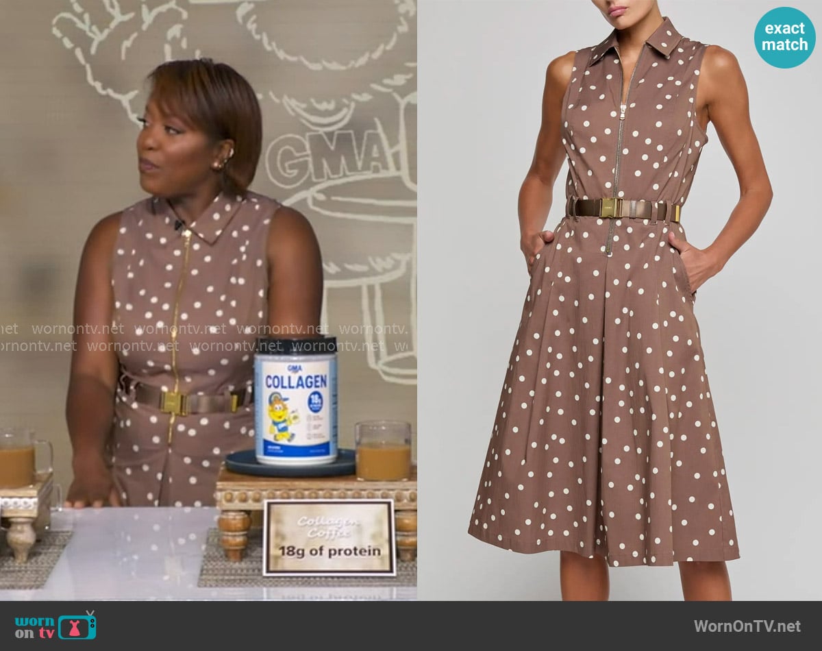 L'Agence Kylo Belted Shirtdress in Cardamom Ecru Polka Dot worn by Maya Feller on Good Morning America