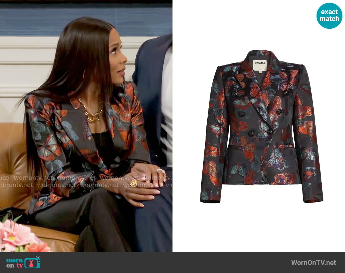 L'Agence Marie Blazer in Multi Butterfly Jacquard worn by Hayley Lawson (Marquita Goings) on Beyond the Gates