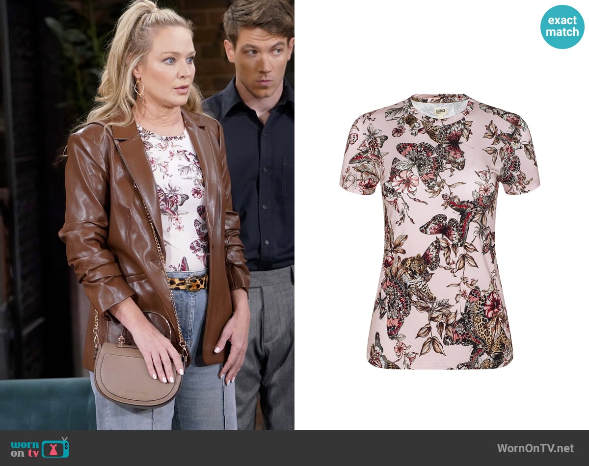 L'Agence Ressi Butterfly Jungle T-Shirt in Nectar Pink worn by Sharon Newman (Sharon Case) on The Young and the Restless