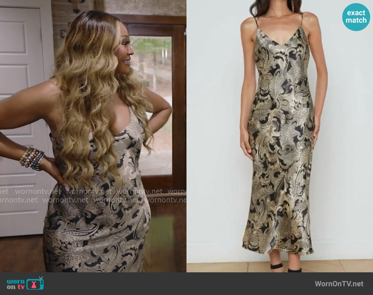 L'Agence Seridie Gold & Black Silk Slip Midi Dress worn by Cynthia Bailey on The Real Housewives of Atlanta