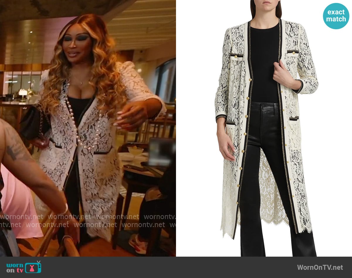 L'Agence Whisper Contrast-Trimmed Lace Cardigan worn by Cynthia Bailey on The Real Housewives of Atlanta