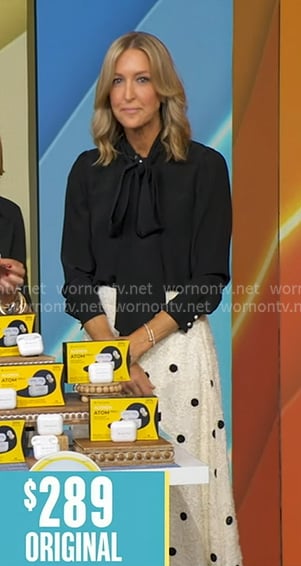 Lara’s black back print blouse and polka dot skirt on Good Morning America