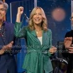 Lara’s green satin tie front blazer and pants on Good Morning America