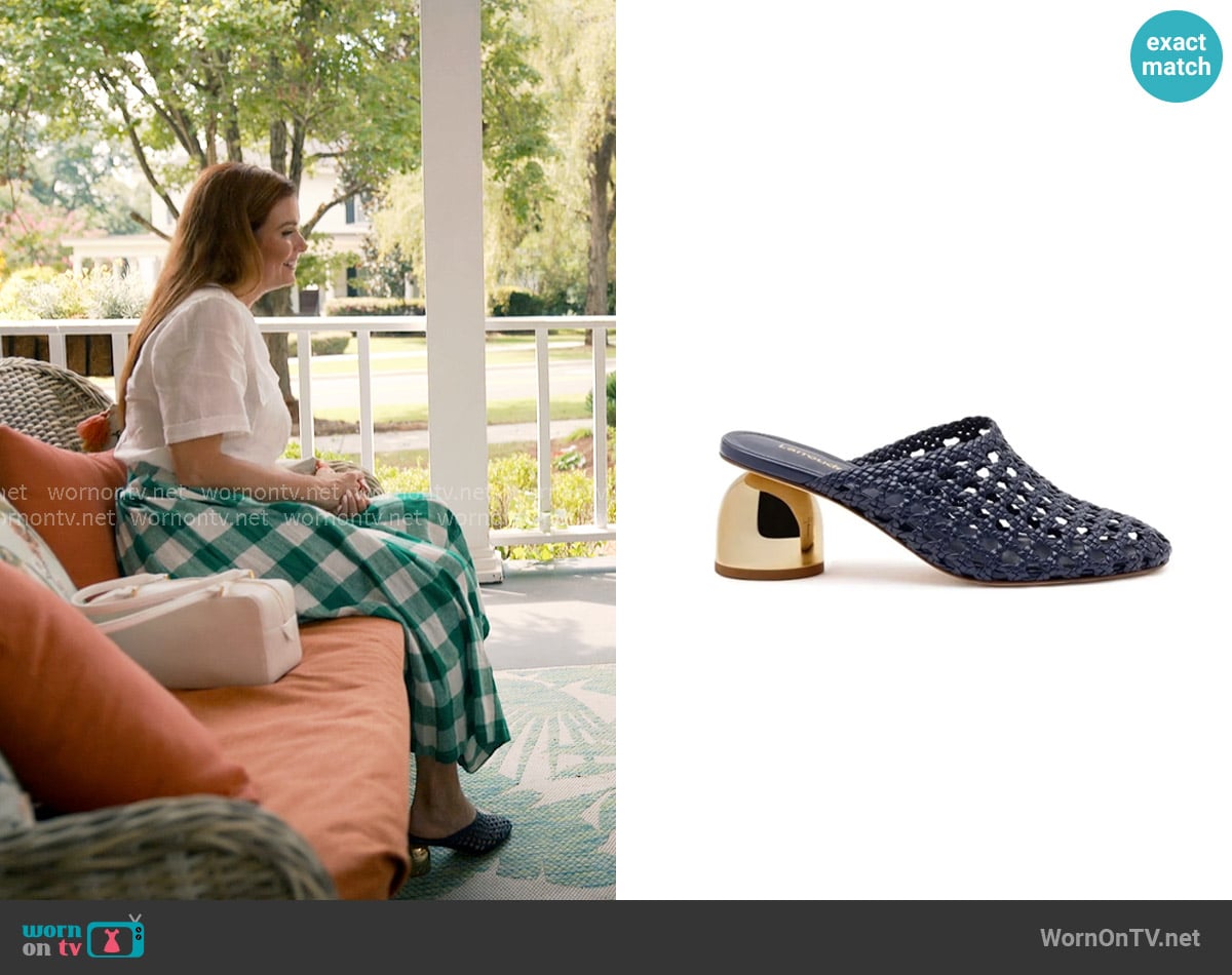 Larroudé Dew Drop Macrame Mule in Navy Blue worn by Maddie Townsend (JoAnna Garcia Swisher) on Sweet Magnolias