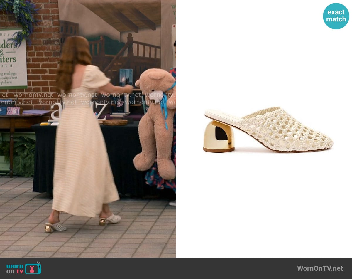 Larroudé Dew Drop Macrame Mules in Ivory worn by Maddie Townsend (JoAnna Garcia Swisher) on Sweet Magnolias