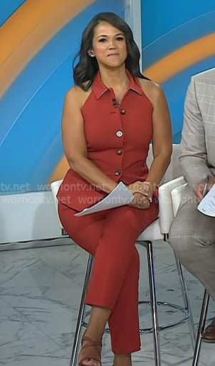 Laura’s red collared vest and pants on Today