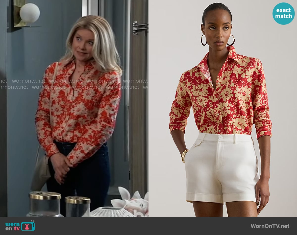 LAUREN Ralph Lauren Relaxed Fit Floral Linen Shirt in Red/Tan worn by Felicia Scorpio (Kristina Wagner) on General Hospital