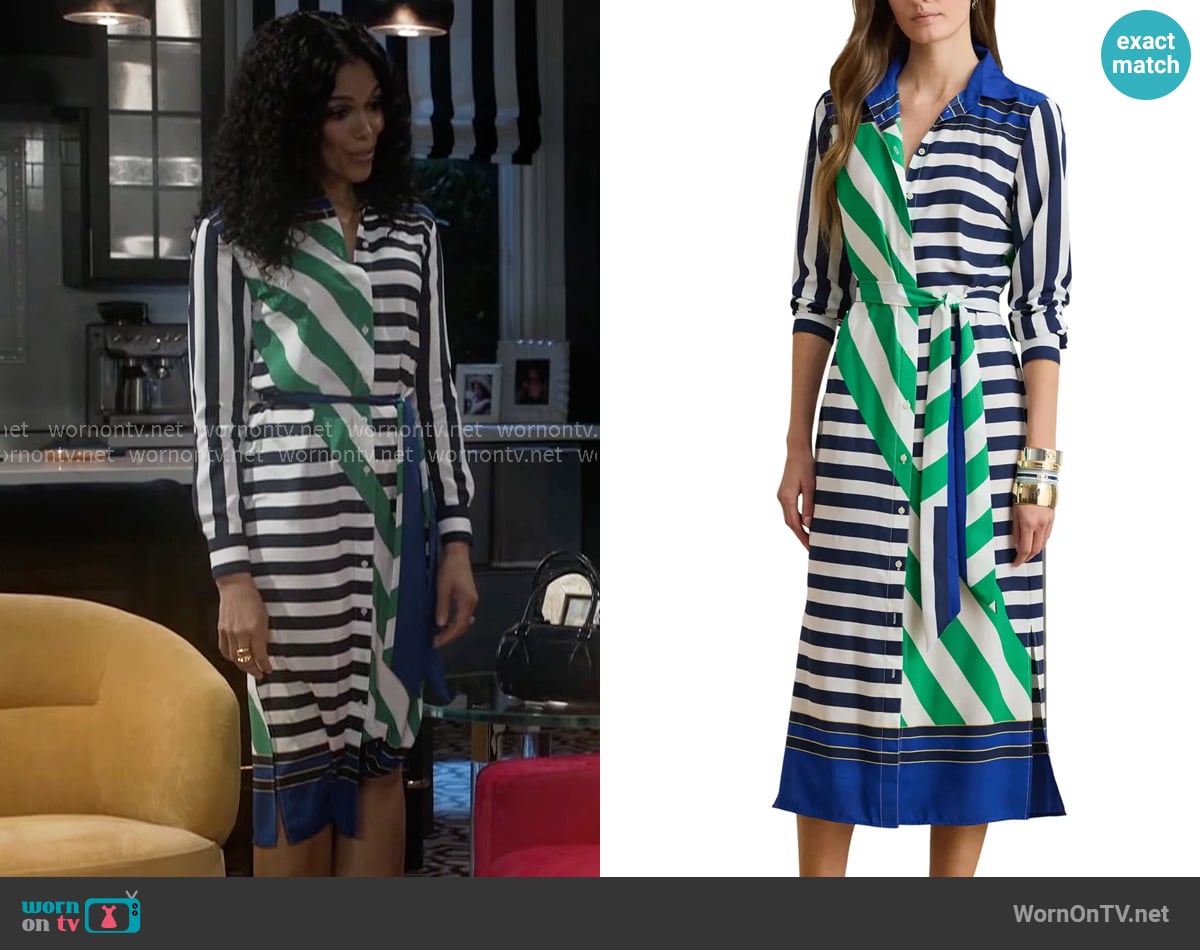 LAUREN Ralph Lauren Stripe Tie Waist Midi Shirtdress worn by Dani Dupree (Karla Mosley) on Beyond the Gates