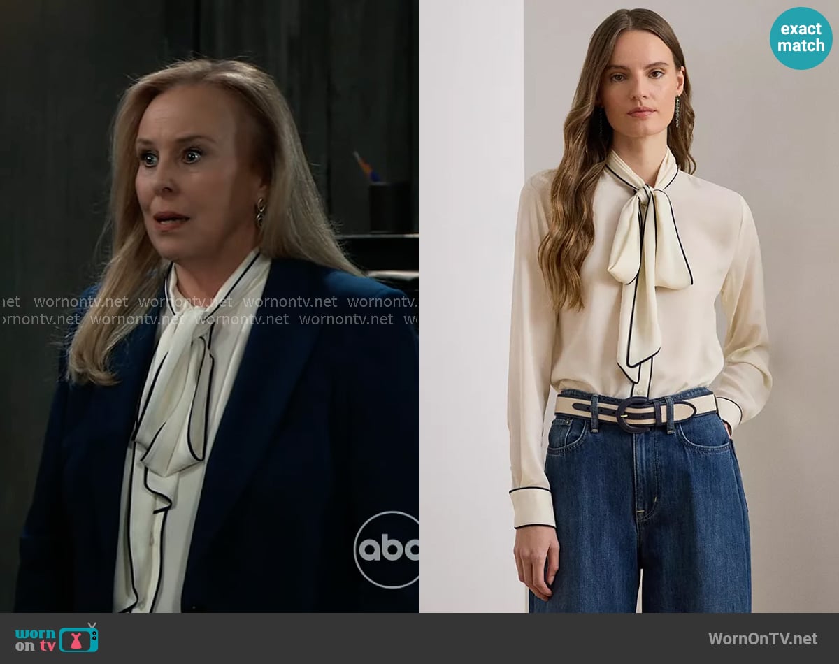 LAUREN Ralph Lauren Two-Tone Tie-Neck Top worn by Laura Collins (Genie Francis) on General Hospital