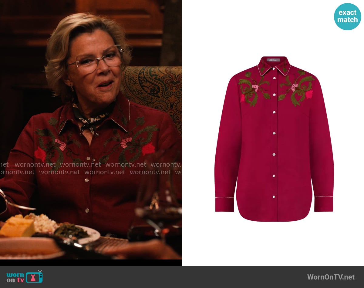 Lela Rose Thread Embroidery Shirt in Wine worn by Beulah Jackson (Annette Bening) on Dutton Ranch