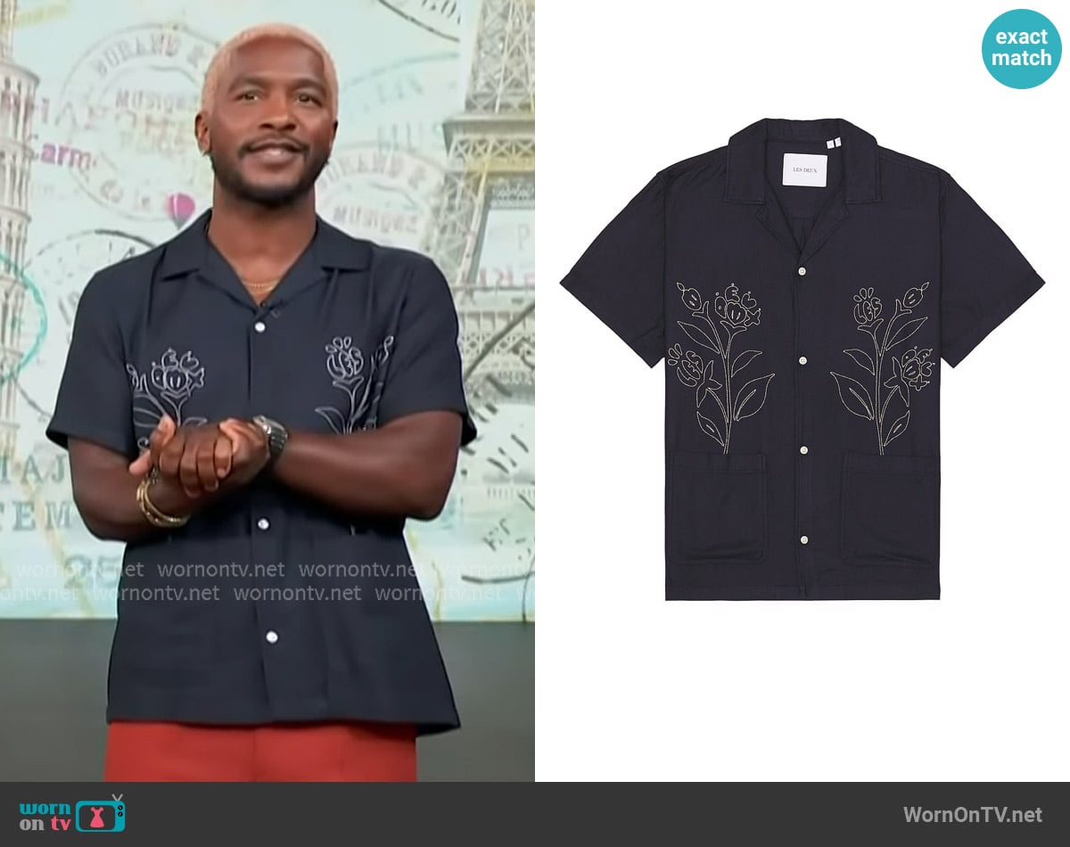 Les Deux Kingsley Embroidered Camp Shirt worn by Scott Evans on Access Hollywood