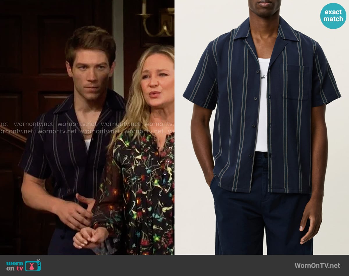 Les Deux Lawson Stripe Camp Shirt worn by Noah Newman (Lucas Adams) on The Young and the Restless