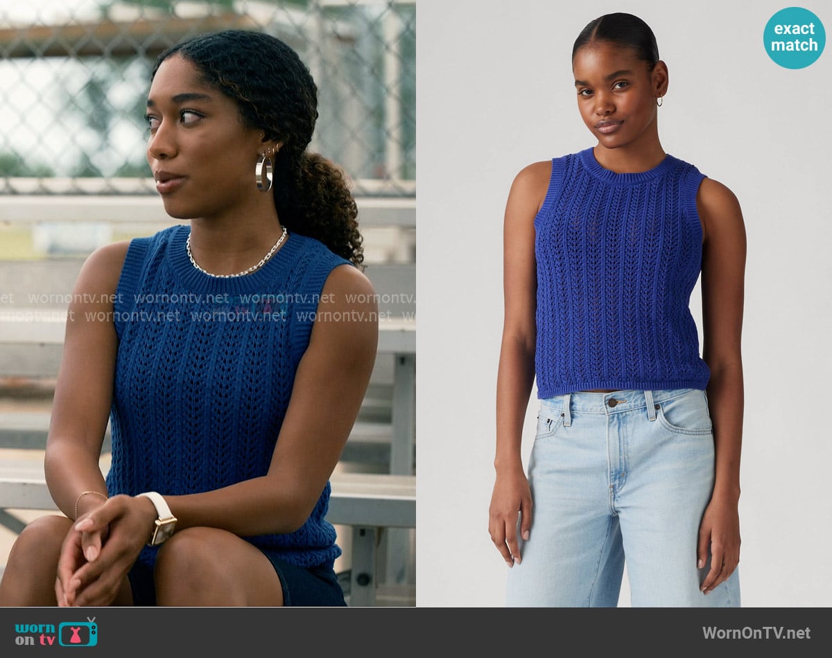 Levis Sunrise Crochet Sweater Tank worn by Jessica Whitley (Iman Benson) on Sweet Magnolias