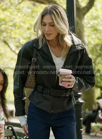 Lexi’s black belted leather jacket on In The City