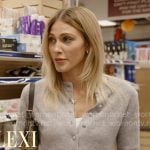 Lexi’s grey ruffle trim cardigan on In The City