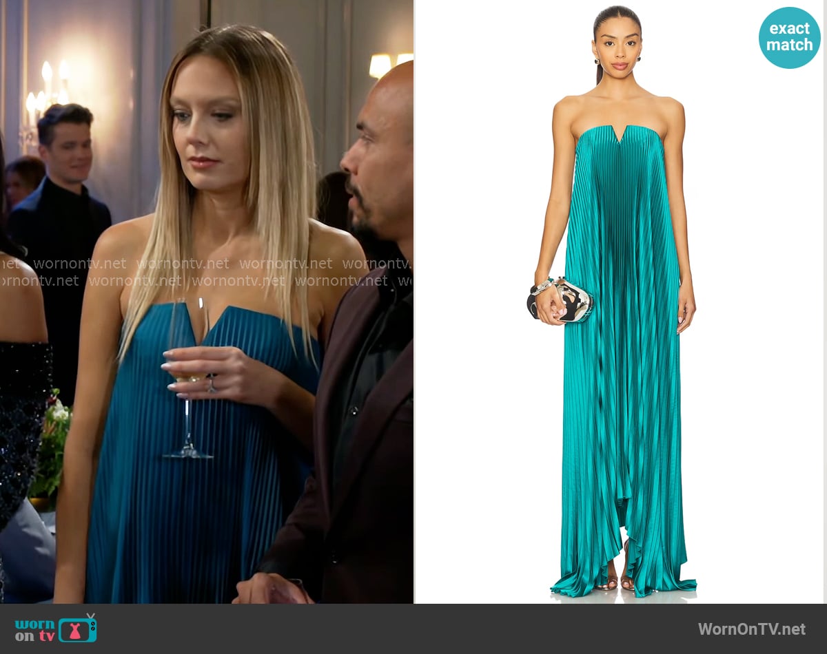 Abby’s teal pleated strapless dress on Beyond the Gates Abby’s teal pleated strapless dress on Beyond the Gates