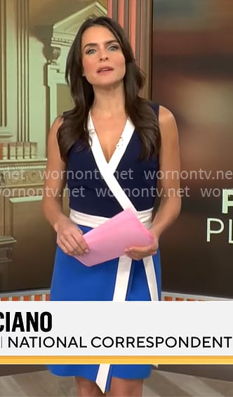 Lilia Luciano’s blue colorblock wrap dress on CBS Mornings