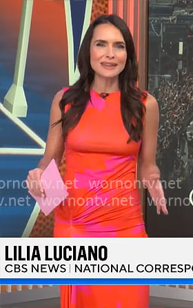 Lilia Luciano’s red and pink ruched dress on CBS Mornings