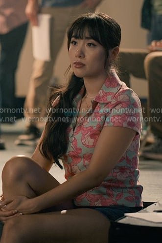 Lily’s blue and pink floral zip polo on Sweet Magnolias