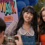 Lily’s brown plaid blouse and denim pinafore dress on Sweet Magnolias