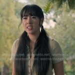 Lily’s green ribbed short sleeve cardigan and gingham mini skirt on Sweet Magnolias
