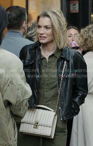 Lindsay’s ivory quilted leather shoulder bag on In The City