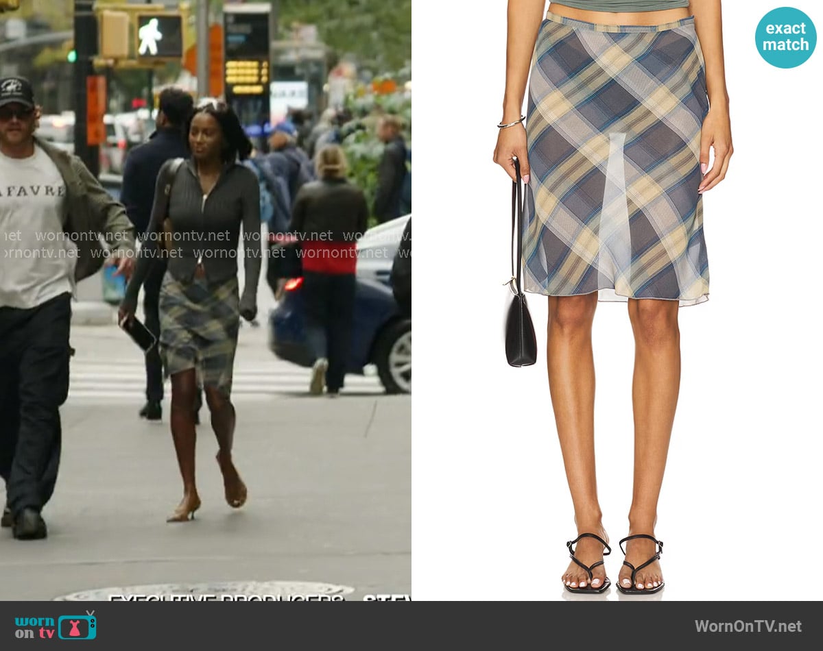 Lioness Shoreline Midi Skirt in Blue check worn by  on In The City