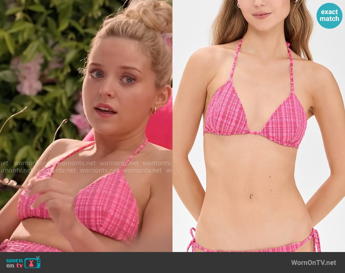 Lisa Marie Fernandez Retro Padded Triangle Bikini Set in Fuchsia Striped Seersucker worn by Elle Woods (Lexi Minetree) on Elle