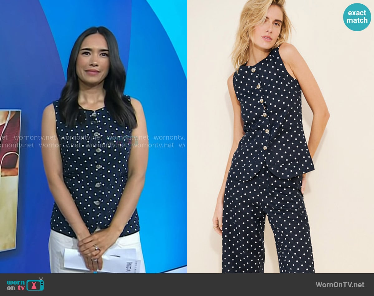 Little Lies Linen Polka Dot Vest in Navy worn by Emilie Ikeda on Today