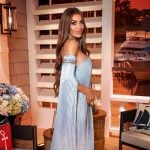Liz’s blue metallic pleated reunion dress on The Real Housewives of Rhode Island